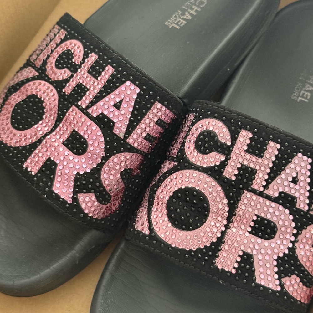 Michael Kors Black Slide Sandals with Pink Crystal Logo Band